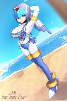 1girl absurdres alternate_breast_size_(larger) artist_name axasempai beach bikini blue_bikini blue_eyes bodysuit breasts commission fairy_leviathan_(mega_man) fins forehead_jewel full_body head_fins highres large_breasts mega_man_(series) mega_man_zero_(series) ocean sand solo summer swimsuit water watermark white_bodysuit