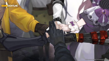 1boy 5girls ak-12_(girls'_frontline) ar-18_(girls'_frontline) arm_focus artist_request black_dress black_gloves black_hair bow brown_hair circle_formation close-up commander_(girls'_frontline) dress everyone girls'_frontline gloves green_skirt hand_focus highres holding_hands jacket lace lace_gloves long_hair long_sleeves mechanical_arms multiple_girls official_art out_of_frame purple_bow purple_trim ro635_(girls'_frontline) single_mechanical_arm skirt stevens_520_(girls'_frontline) teamwork ump45_(girls'_frontline) ump45_(mod3)_(girls'_frontline) watch white_gloves wristwatch yellow_jacket
