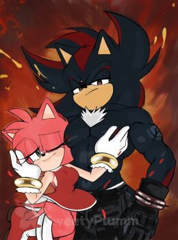 abs amy_rose ankle_boots arm_tattoo biceps black_fur black_gloves boots bracelet breasts gloves gold_bracelet green_eyes jewelry large_breasts looking_at_viewer looking_down multicolored_boots muscular muscular_male one_eye_closed panties_peek pink_fur pink_hair red_boots red_fur shadow_the_hedgehog short_hair sideboob sleeveless sonic_(series) tail tattoo topless_male two-tone_boots white_boots white_fur white_gloves