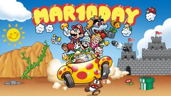 1girl 6+boys bill_blaster black_hair blonde_hair blooper_(mario) bowser bullet_bill car castle cheep_cheep claws doc_shoddy dress driving fire_flower goomba grin highres horns image_sample koopa_troopa lakitu&#039;s_cloud luigi mario mario_(series) mario_day md5_mismatch motor_vehicle multiple_boys nintendo pink_dress piranha_plant princess_peach resolution_mismatch smile source_larger spiked_shell spiny sun super_mario_bros._1 super_mushroom toad_(mario) tongue tongue_out twitter_sample warp_pipe