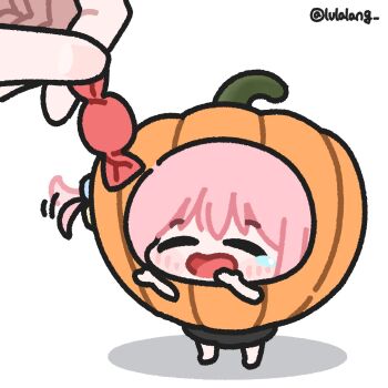 Rule 34 | 1girl, 1other, bocchi the rock!, candy, candy wrapper, chibi, closed eyes, food, full body, giving, gotoh hitori, hair wagging, halloween costume, happy, highres, long hair, lulalang, one side up, open mouth, pink hair, pumpkin costume, simple background, smile, solo focus, standing, tearing up, white background, wrapped candy