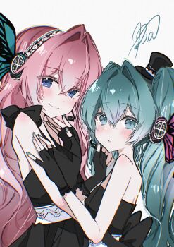 2girls absurdres aqua_eyes aqua_hair black_dress black_gloves black_hat blue_eyes blush butterfly_hair_ornament closed_mouth commentary_request dress fingerless_gloves gloves hair_between_eyes hair_ornament hand_on_another&#039;s_chin hat hatsune_miku headphones headset highres long_hair looking_at_viewer magnet_(vocaloid) megurine_luka mini_hat mini_top_hat multiple_girls open_mouth pink_hair ria_art signature simple_background smile strapless strapless_dress top_hat very_long_hair vocaloid white_background yuri