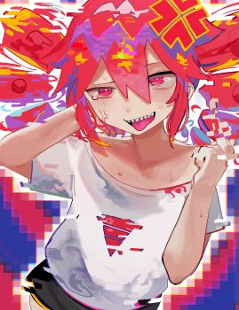 1girl absurdres alternate_costume angry censored collarbone commentary_request drill_hair hair_between_eyes highres iraira_shite_iru_(synthesizer_v) kasane_teto microa middle_finger orange_hair pink_eyes pointless_censoring red_hair shirt short_shorts shorts solo teeth tongue tongue_out twin_drills upper_teeth_only utau veil white_shirt