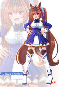 Rule 34 | 1girl, absurdres, aiguillette, animal ears, black thighhighs, blue jacket, blush, boots, bow, breasts, brown hair, center frills, character name, commentary request, daiwa scarlet (peak blue) (umamusume), daiwa scarlet (umamusume), epaulettes, fang, framed breasts, frills, full body, garter straps, hair intakes, highres, horse ears, horse girl, horse tail, jacket, juliet sleeves, konsu (konsu1182da), large breasts, layered legwear, layered skirt, long hair, long sleeves, looking at viewer, open mouth, puffy sleeves, red eyes, shirt, simple background, skirt, smile, tail, thighhighs, tiara, twintails, umamusume, very long hair, white background, white boots, white shirt, white skirt, white thighhighs, zoom layer