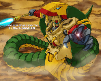 aqua_eyes character_name clawed_hands cobra_(animal) cobra_gundam commentary_request desert dust energy_sword fangs fuji_shuuji g_gundam glint glowing glowing_eyes gundam holding holding_polearm holding_weapon joints looking_at_viewer mecha mobile_suit no_humans no_pupils outdoors polearm robot robot_joints science_fiction snake snake_tail solo sword tail v-fin weapon