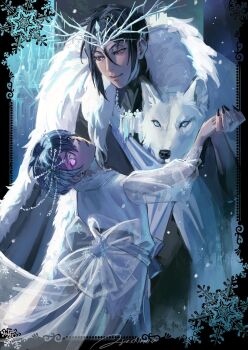 2boys absurdres animal antlers artist_name back_bow black_hair black_nails black_suit blue_eyes blue_hair bow ciel_phantomhive closed_mouth coat commentary dancing dark_blue_hair dress earrings english_commentary formal_clothes fur-trimmed_coat fur_trim heterochromia highres holding_hands horns jewelry kuroshitsuji looking_at_another male_focus multiple_boys parted_lips pink_eyes questtneo sebastian_michaelis short_hair signature snow sparkle suit symbol-shaped_pupils transparent_bow white_coat white_dress wolf yaoi