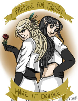 Rule 34 | 2boys, alternate costume, banner, black gloves, black hair, blonde hair, brothers, celegorm, circlet, closed mouth, cosplay, curufin, egobarri, english text, flower, gloves, hair ornament, holding, holding flower, holding rose, james (pokemon), jessie (pokemon), jewelry, long hair, male focus, midriff, multiple boys, nintendo, pokemon, pokemon (anime), rose, siblings, signature, team rocket, team rocket uniform, the silmarillion, tolkien's legendarium