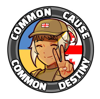 1girl baseball_cap closed_eyes dark-skinned_female dark_skin english_text fingernails georgia_(country) georgian_flag hat light_smile mole mole_under_eye mole_under_mouth multiple_moles nika_(usergore) original patch ponytail portrait russo-ukrainian_war self-upload short_hair smile soldier swept_bangs ukrainian_flag usergore v white_hair