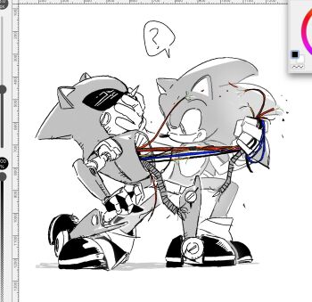 2boys art_program_in_frame bac0n_pancakes breaking furry furry_male greyscale hand_on_another's_face hedgehog_boy highres metal_sonic monochrome multiple_boys pointy_nose pulling robot sonic_(series) sonic_the_hedgehog tongue tongue_out
