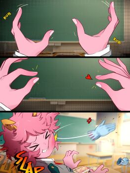 2girls absurdres ashido_mina boku_no_hero_academia groping hagakure_toru highres invisible khyle. molestation multiple_girls nipple_stimulation nipple_tweak slapping violence yuri