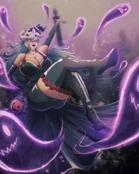 1girl bare_shoulders bleach boots breasts collarbone elbow_gloves espada facial_mark floating ghost gloves green_hair halloween halloween_bucket halloween_costume hat highres large_breasts long_hair mask mask_on_head nelliel_tu_odelschwanck one_eye_closed skull_on_head thigh_boots thighs veeepawoon wink