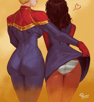 2girls artist_name ass assisted_exposure blonde_hair blue_bodysuit blue_dress bodysuit captain_marvel carol_danvers clothes_lift commentary dark-skinned_female dark_skin dress dress_lift english_commentary from_behind gloves gold_trim heart highres kamala_khan long_hair marvel ms._marvel multicolored_bodysuit multiple_girls pinafore red_gloves short_hair signature two-tone_bodysuit yuri