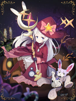 1girl a.i._voice adapted_costume animal animalization argyle_clothes argyle_pantyhose black_gloves blue_eyes blunt_bangs blurry blurry_background blush boots bow braid brown_cardigan buttons cardigan closed_mouth clothed_animal coat commentary_request double-breasted familiar floating floating_hair footwear_bow framed full_body gloves halloween hat hat_ornament hibi_tsuna high_heel_boots high_heels highres jack-o&#039;-lantern kizuna_akari kizuna_akari_(tsubomi) long_hair long_sleeves looking_at_viewer pantyhose rabbit red_coat red_hat red_pantyhose short_eyebrows side_braid signature skirt solo star_(symbol) star_hat_ornament v-shaped_eyebrows voiceroid white_hair white_skirt witch witch_hat yuzuki_yukari yuzuki_yukari_(shizuku)