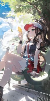 1girl @_@ baseball_cap black_vest blue_eyes blue_shorts blue_sky blush breasts brown_hair cloud commentary_request crossed_legs cutoffs denim denim_shorts drooling exposed_pocket falling_leaves feet_out_of_frame food gen_5_pokemon hat high_ponytail highres hilda_(pokemon) holding holding_food holding_popsicle hot ice ice_cube ice_pack leaf long_hair mouth_drool naz_(hsae3838) nintendo on_bench on_head open_clothes open_mouth open_vest outdoors pavement poke_ball_print pokemon pokemon_(creature) pokemon_black_and_white ponytail popsicle power_lines serperior shirt shorts sidelocks sitting sky summer sweat tree vest white_shirt wristband