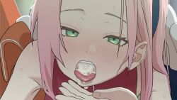 1girl 5_nan_(5nan_5nan) animated armpits blush cum cum_in_mouth female_focus green_eyes haruno_sakura interior loli looking_at_viewer naruto_(series) open_mouth pink_hair short_hair solo sound steam sweat tagme tongue tongue_out uncensored uzumaki_naruto video wet