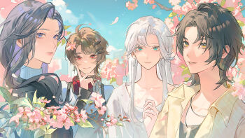 4girls blue_eyes blue_sky brown_hair cherry_blossoms closed_mouth collarbone earrings eleanor_si flower grey_hair headphones headphones_around_neck hoop_earrings iris_wen jewelry long_hair looking_at_viewer love_curse:_find_your_soulmate multiple_girls nyx_xia official_art outdoors parted_lips pink_flower pink_lips red_eyes selene_yan short_hair sky smile tree white_hair yellow_eyes