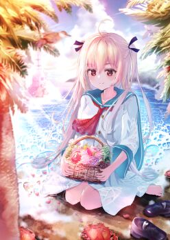 1girl absurdres ahoge ascot atri atri-my_dear_moments- barefoot basket black_ribbon black_shoes blue_sailor_collar blue_sky blurry blush bouquet brown_hair closed_mouth cloud commentary crab cumulonimbus_cloud day depth_of_field dress flower full_body hair_ribbon highres holding holding_basket leaf long_hair long_sleeves looking_down ocean outdoors pink_flower pink_rose popokki purple_flower purple_rose red_ascot red_eyes red_flower red_rose ribbon rose sailor_collar sailor_dress scenery see-through_clothes see-through_dress shoes sidelighting sitting sky smile solo straight_hair sunlight toes tree two_side_up unworn_shoes very_long_hair wariza wet wet_clothes wet_dress white_dress wide_sleeves