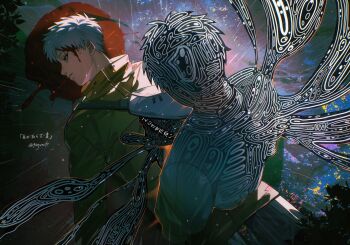 blood body_horror commentary_request crossbody_bag death from_above highres hikaru_ga_shinda_natsu indou_hikaru kaeru_(qingwali) lying male_focus multiple_boys official_alternate_costume on_back rain short_hair translation_request twitter_username white_hair