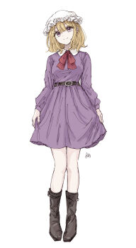 Rule 34 | 1girl, belt, blonde hair, boots, brown belt, brown boots, closed mouth, clothing request, collared dress, commentary, contrast collar, dress, hat, highres, kashiwada kiiho, long sleeves, looking at viewer, maribel hearn, medium hair, mob cap, purple dress, purple eyes, signature, simple background, skirt hold, smile, solo, standing, touhou, white background, white hat