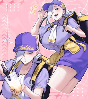 1girl absurdres alcohol baseball_cap beer beer_tap blue_lips blush breasts closed_eyes collared_shirt commentary_request cup eyeliner fate/grand_order fate_(series) hair_over_one_eye hat highres hiyayaako large_breasts long_hair looking_at_viewer makeup mrs._snake_(fate) multiple_views nozzle open_mouth ponytail purple_hat purple_shirt purple_shorts shirt short_sleeves shorts smile thighs white_hair yellow_eyes