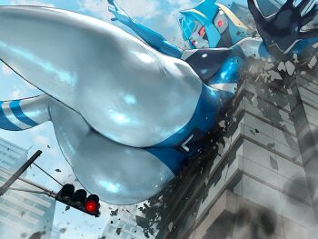 1girl altina_earth ass blue_hair blue_skin blue_sky bodysuit breasts building cloud colored_skin covered_erect_nipples destruction from_below frown giant giantess glowing glowing_eyes grey_skin hands_up highres large_breasts metal_skin multicolored_skin nikunopengin original red_eyes short_hair silver_skin skin_tight sky solo sweatdrop tokusatsu traffic_light ultra_series v-shaped_eyebrows