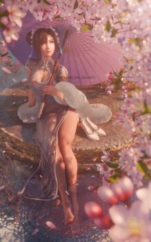 1girl 3d animal_print arm_support barefoot black_hair breasts cherry_blossoms china_dress chinese_clothes cleavage cleavage_cutout closed_mouth clothing_cutout commentary double_bun dress falling_petals feet final_fantasy final_fantasy_vii final_fantasy_vii_remake flower full_body fur_trim grey_dress hair_bun hair_ornament hand_on_ground high_heels highres large_breasts legs leopard_print looking_up nature official_alternate_costume official_alternate_hairstyle oil-paper_umbrella outdoors patreon_username petals pink_petals pink_umbrella red_eyes ria_(baka-neearts) shoes short_hair sitting smile soaking_feet solo swept_bangs tassel tassel_hair_ornament thighs tifa_lockhart tifa_lockhart_(sporty_dress) toenails toes umbrella unworn_shoes water