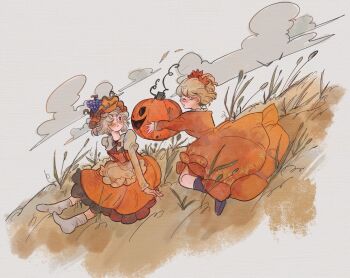 Rule 34 | 2girls, aki minoriko, aki shizuha, apron, blonde hair, cloud, dress, grass, hat, highres, jack-o'-lantern, mob cap, multiple girls, orange dress, orange hat, painting (medium), pinafore dress, siblings, sisters, sitting, sleeveless, sleeveless dress, smile, spinaart, touhou, traditional media, waist apron, watercolor (medium)