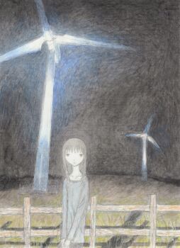 1girl black_pants black_sky brown_hair commentary english_commentary fence grass grey_shirt highres looking_at_viewer original outdoors pajamabou pale_color pants shadow shirt sky solo traditional_media v_arms wide_shot wind_turbine windmill wooden_fence