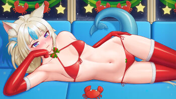 1girl :3 absurdres animal_ears bikini blonde_hair blue_eyes blue_streaks blush cat_ears commentary elbow_gloves english_commentary fins fish_girl fish_tail gloves halterneck highres indie_virtual_youtuber kaniki_(sameko_saba) kwaiiego long_hair looking_at_viewer multicolored_hair navel red_bikini red_gloves red_thighhighs sameko_saba side-tie_bikini_bottom smile solo streaked_hair swimsuit tail thighhighs very_long_hair virtual_youtuber