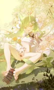 1boy 1girl absurdres animal_ear_fluff animal_ears bar_censor barefoot bottomless bow bug butterfly butterfly_on_hand cat_ears cat_girl censored clothing_cutout commentary crop_top cum cum_in_pussy cumdrip detached_sleeves disembodied_penis egg_vibrator feet flower footjob full_body grass green_hair green_tail hair_bow hair_flower hair_ornament hand_up hetero highres holding_with_feet horns insect large_variant_set legs long_hair long_sleeves looking_at_viewer midriff navel neko_blow object_insertion on_ground open_mouth original outdoors penis pussy sandals sex_toy shirt shoes sitting soles solo_focus spread_pussy spreading_own_pussy symbol-only_commentary tail tail_bow tail_ornament toenails toes two-footed_footjob unworn_sandals unworn_shoes vaginal vaginal_object_insertion variant_set vibrator white_shirt yellow_eyes yellow_flower