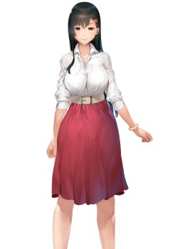 Rule 34 | 1girl, :>, arms at sides, belt, black hair, blush, breasts, closed mouth, feet out of frame, female focus, game cg, high-waist skirt, highres, kinbaku seido kaichou: kare ni shirareta watashi no himitsu, large breasts, legs, light blush, long hair, looking at viewer, orange eyes, original, osomatsu (nanameno), skirt, smile, solo, standing, tachi-e, tani shizuku, thighs, transparent background