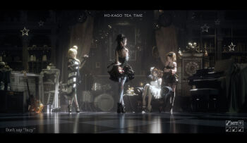 3d 4girls akiyama_mio arm_behind_back arms_behind_back asymmetrical_hair bare_shoulders black_dress black_footwear black_gloves black_hair black_headwear black_ribbon blonde_hair blue_sleeves book bookshelf boots bottle box breasts brown_eyes brown_hair cake cake_slice cane chair checkered_floor clock closed_mouth copyright_name crossed_legs curtains detached_sleeves don&#039;t_say_&quot;lazy&quot; dress drum drum_set elbow_gloves electric_guitar english_text female_focus fen_bang_laoda flower food frilled_dress frills from_behind fruit full_body gift gift_box gloves gothic_lolita group_name guitar hair_bun hair_flower hair_ornament hair_ribbon hand_up hat heart heel_up high_heels highres hirasawa_yui ho-kago_tea_time holding holding_flower holding_plate ice_cream indoors instrument k-on! keytar kimball korg kotobuki_tsumugi letterboxed light_particles lolita_fashion long_hair looking_at_viewer looking_back marshall matching_hair/eyes medium_breasts milkshake mini_hat mini_top_hat multiple_girls on_chair own_hands_together painting_(object) pantyhose piano picture_frame plate red_flower red_rose ribbon roman_numeral rose sheet_music shoes short_dress short_hair sidelocks single_detached_sleeve single_hair_bun sitting sleeveless sleeveless_dress standing star_(symbol) strawberry striped_clothes striped_dress table tainaka_ritsu thigh_boots thigh_strap thighhighs tilted_headwear top_hat watson_cross white_dress white_flower white_footwear white_gloves white_legwear white_ribbon wine_bottle wine_rack yamaha