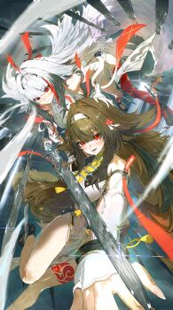 2girls absurdres alternate_form animal_ears armlet bare_shoulders black_hair blue_background blush boots breasts brown_hair china_dress chinese_clothes cleavage detached_sleeves dress droopy_ears foot_out_of_frame gradient_hair hair_intakes hair_ornament hairband high_heel_boots high_heels highres holding holding_sword holding_weapon horse_girl horse_tail jewelry leg_tattoo long_hair looking_at_viewer medium_breasts multicolored_hair multiple_girls open_mouth ossan_zabi_190 qingming_sword red_eyes red_hair red_ribbon ribbon silver_armlet sleeveless sleeveless_dress smile solo streaked_hair sword tail tattoo thighs very_long_hair weapon white_dress white_hair white_hairband white_tail ye_shunguang zenless_zone_zero