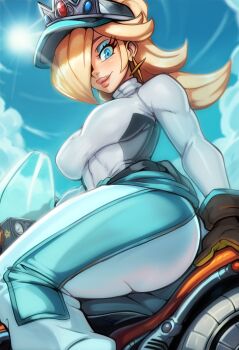 absurdres baseball_cap blonde_hair blue_eyes breasts clothes_around_waist earrings from_below gloves hair_over_one_eye hat highres jewelry mario_(series) mario_kart mario_kart_world motor_vehicle motorcycle nintendo on_motorcycle reliusmax rosalina rosalina_(pro_racer) shirt star_(symbol) star_earrings tight_clothes tight_shirt