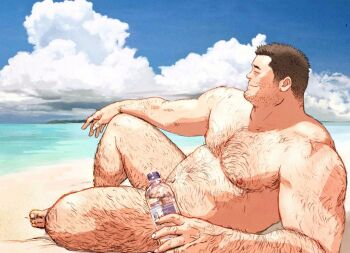 1boy arm_hair bara bare_pectorals barefoot beard_stubble belly biceps black_hair blue_sky bota86mochi bottle chest_hair closed_eyes cloud cloudy_sky completely_nude convenient_censoring facial_hair fat fat_man hairy holding holding_bottle leg_hair looking_to_the_side male_focus mustache_stubble navel nipples nude nudist ocean on_ground original pectorals sand sitting sky smile stomach_hair stubble