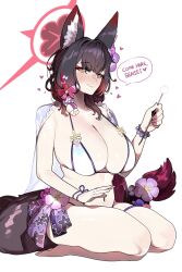 Rule 34 | 1girl, animal ears, bare shoulders, bikini, black hair, blue archive, blush, breasts, cleavage, collarbone, english text, flower, fox ears, fox girl, fox tail, highres, large breasts, long hair, looking at viewer, monkey jon, navel, red hair, smile, solo, speech bubble, swimsuit, tail, tail flower, tail ornament, thighs, wakamo (blue archive), wakamo (swimsuit) (blue archive), white bikini, yellow eyes