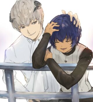 Rule 34 | 2boys, arm up, ascot, black pants, black shirt, closed eyes, collared shirt, dark-skinned male, dark skin, grey eyes, grey hair, hair between eyes, hand on another's head, hand on own head, hand on own hip, horns, long sleeves, looking at another, male focus, metaphor: refantazio, multiple boys, on railing, open mouth, pants, protagonist (metaphor: refantazio), railing, samerkgk, shirt, short hair, simple background, striped clothes, striped vest, strohl (metaphor: refantazio), teeth, triangle mouth, vertical-striped clothes, vertical-striped vest, vest, white ascot, white background, white shirt, white vest