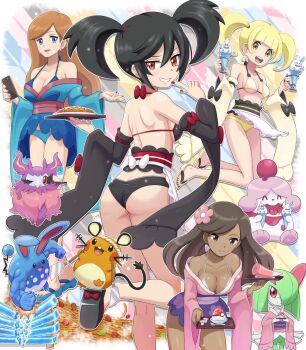 4girls absurdres aromatisse ass azumarill bikini black_bikini black_hair blonde_hair blue_eyes blunt_bangs breasts brown_eyes brown_hair cleavage clothed_pokemon collarbone commentary_request cup dark-skinned_female dark_skin dedenne drinking_glass earrings flower furisode_girl_(pokemon) furisode_girl_blossom furisode_girl_kali furisode_girl_katherine furisode_girl_linnea gen_2_pokemon gen_3_pokemon gen_5_pokemon gen_6_pokemon glass hair_flower hair_ornament hair_tie highres holding holding_plate holding_tray jewelry kirlia kneepits leg_up long_hair looking_at_viewer looking_back looking_down multiple_girls nail_polish nintendo plate poke_ball_theme pokemoa pokemon pokemon_(creature) pokemon_xy red_eyes red_nails shiny_skin shoulder_blades slurpuff swept_bangs swimsuit tray vanillish yellow_eyes