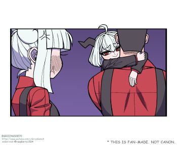 1boy 2girls black_horns comic formal_clothes from_behind grizz helltaker helltaker_(character) highres horns jealous korean_commentary krampus_(grizz) long_sleeves lucifer_(helltaker) multiple_girls red_eyes red_shirt segmented_comic shirt silent_comic smile smug suit vanripper_(style) white_hair