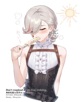 1boy black_shirt blonde_hair closed_eyes food food_in_mouth genshin_impact highres hn_(honyori_ta) holding holding_food holding_popsicle lyney_(genshin_impact) male_focus multicolored_hair popsicle popsicle_in_mouth red_hair shirt short_hair solo streaked_hair teardrop_facial_mark white_shirt