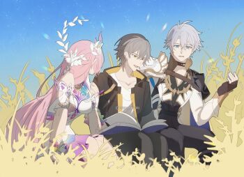 1girl 2boys antenna_hair armlet armor artist_name as_i&#039;ve_written_(honkai:_star_rail) bare_shoulders belt black_belt black_choker black_coat black_gloves black_pants blue_cape blue_eyes blue_ribbon blue_sky book breasts brown_belt caelus_(honkai:_star_rail) cape choker coat collarbone crossed_bangs cyrene_(honkai:_star_rail) cyrene_(ripples_of_past_reverie)_(honkai:_star_rail) day dress fingerless_gloves flower gloves gold_armlet green_ribbon grey_hair hair_between_eyes hair_branch hair_flower hair_ornament hair_ribbon hand_up highres honkai:_star_rail honkai_(series) hood hooded_coat jacket jewelry kzsx_hiroki lapels leaf_hair_ornament long_hair long_sleeves looking_at_another looking_at_object looking_down medium_breasts multicolored_ribbon multiple_boys off-shoulder_dress off_shoulder official_alternate_costume official_alternate_hairstyle open_book open_clothes open_coat open_mouth outdoors pants phainon_(honkai:_star_rail) pink_hair pink_ribbon pointy_ears reading ribbon rose shirt short_hair short_sleeves shoulder_armor sitting sky smile t-shirt trailblazer_(honkai:_star_rail) two-sided_cape two-sided_coat two-sided_fabric weeds white_dress white_flower white_jacket white_rose white_shirt yellow_cape yellow_coat yellow_eyes yellow_pupils