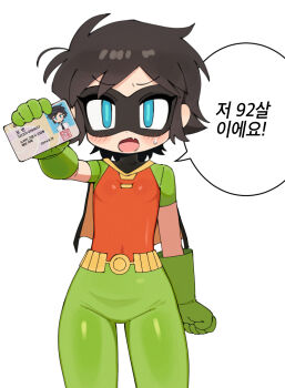 1girl batman_(series) batrobin_k black_hair blue_eyes blush breasts dc_comics dick_grayson domino_mask eye_mask fang genderswap genderswap_(mtf) gloves green_gloves highres id_card korean_text mask robin_(batrobin_k) robin_(dc) short_hair skin_fang small_breasts solo spandex speech_bubble sweatdrop translation_request