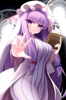 1girl absurdres black_background blue_bow blunt_bangs book bow breasts collar commentary_request cowboy_shot crescent crescent_hat_ornament dress hair_bow hat hat_ornament hat_ribbon highres holding holding_book large_breasts light light_beam light_blush light_particles looking_at_viewer magic magic_circle mob_cap open_mouth patchouli_knowledge purple_eyes purple_hair red_bow red_ribbon ribbon robe s_vileblood solo striped_clothes striped_dress touhou wide_sleeves