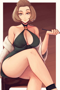 1girl absurdres bare_legs bare_shoulders black_choker black_dress border breasts brown_eyes brown_hair chair choker cleavage cleavage_cutout clothing_cutout coat collarbone curvy dress fire_emblem fire_emblem:_three_houses forehead grin highres holding holding_smoking_pipe large_breasts manuela_casagranda mature_female mole mole_under_eye nintendo off_shoulder parted_lips pointer raichiyo33 short_hair sitting smile smoking_pipe solo thick_thighs thighs white_border white_coat