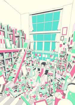 1girl black_hair chair clock curtains dress easel green_pants hebitsukai highres limited_palette long_sleeves original paintbrush pants pink_dress pink_headwear pink_shirt plant ponytail potted_plant scissors shelf shirt sleeves_rolled_up solo stairs wide_shot window