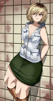 Rule 34 | 1girl, absurdres, against wall, blonde hair, blood, blood on wall, boots, breasts, brown boots, brown eyes, brown hair, captain kirb, cleavage, commentary, english commentary, freckles, green skirt, heather mason, highres, jacket, looking to the side, medium breasts, orange sweater, parted lips, pocket, short hair, silent hill (series), silent hill 3, skirt, solo, sweater, teeth, tile wall, tiles, turtleneck, turtleneck sweater, white jacket