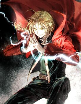 Rule 34 | 1boy, a mongs2, ahoge, belt, black jacket, black pants, black shirt, blonde hair, braid, brown belt, clenched teeth, coat, cowboy shot, edward elric, electricity, fullmetal alchemist, furrowed brow, gloves, grin, hood, hood down, jacket, male focus, military uniform, own hands together, pants, parted bangs, red coat, shirt, single braid, smile, solo, teeth, white gloves, white trim, yellow eyes