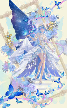 1girl absurdres armlet blue_butterfly blue_flower blue_hair blue_nails blue_veil blush breasts bug butterfly butterfly_earrings butterfly_wings chinese_commentary cleavage closed_mouth clothes_lift colored_eyelashes commentary_request dress dress_flower earrings fingernails floating_ribbon floating_stairs flower full_body gem hair_between_eyes high_heels highres holding_own_skirt insect insect_wings jewelry large_breasts leg_ribbon long_hair nail_polish pearl_(gemstone) pearl_body_chain picture_frame pink_ribbon purple_dress purple_eyes purple_pupils purple_ribbon revision ribbon see-through_clothes see-through_veil shorekeeper_(wuthering_waves) showgirl_skirt skirt skirt_lift smile solo stairs standing taozaitao two-tone_ribbon two-tone_veil veil white_dress white_flower white_veil window wings wuthering_waves