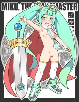 1girl @_@ absurdres blush breasts cape hatsune_miku highres katsukumori_mitsuru long_hair navel necktie nipples pussy shoes small_breasts solo sword thighhighs twintails very_long_hair vocaloid weapon white_thighhighs