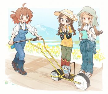 ahoge blonde_hair blue_overalls boots braid brown_eyes brown_hair denim denim_overalls farm floral_print gakuen_idolmaster green_pants hanami_ume hat highres idolmaster kuramoto_china long_hair nendo23 orange_eyes orange_shirt overalls pants ribbon shinosawa_hiro shirt shoes short_hair sneakers straw_hat twin_braids white_shirt
